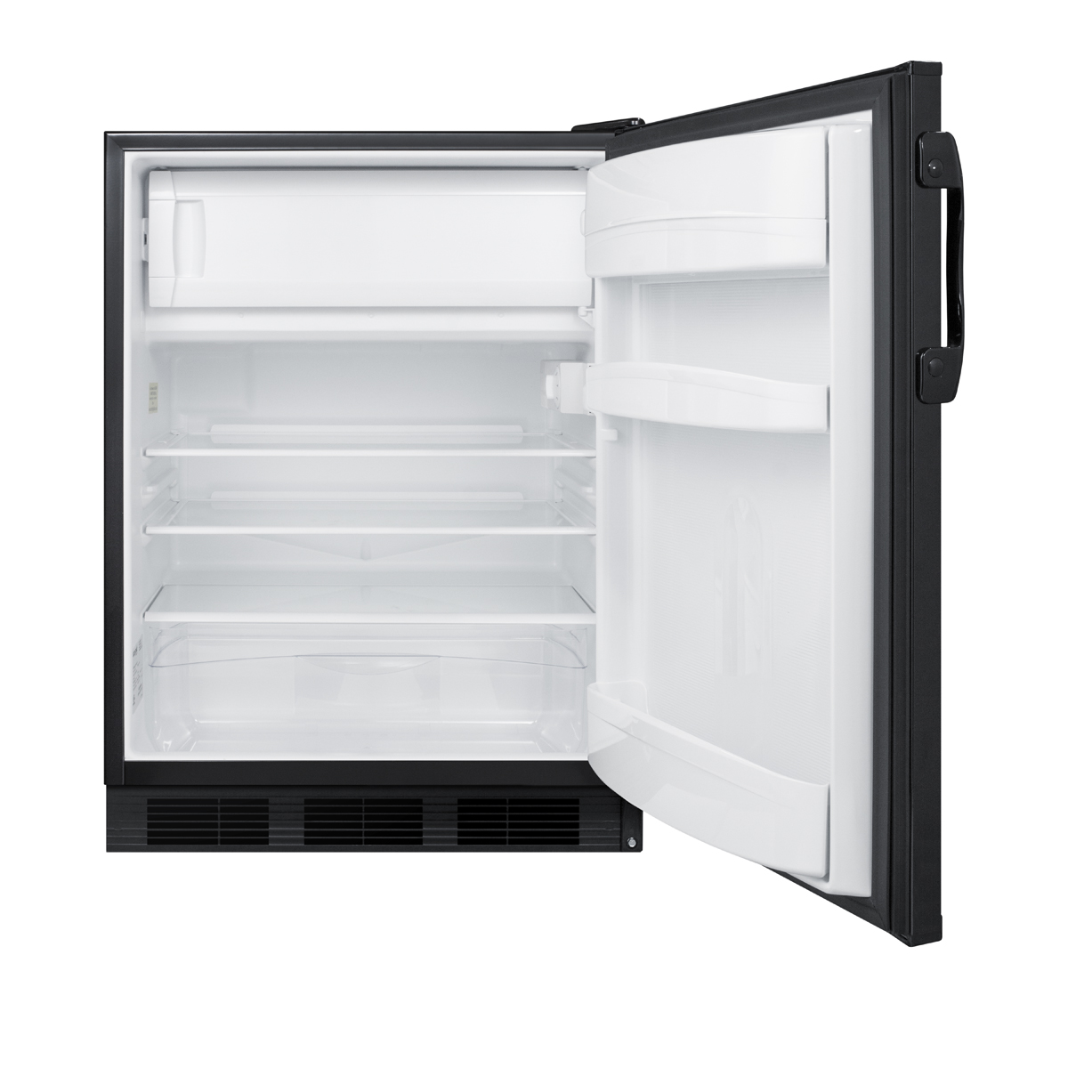 Freestanding ADA compliant refrigerator-freezer for general purpose use, with dual evaporator cooling, cycle defrost, and black exterior